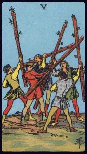 Cinco de Paus, do Tarot Rider-Waite-Smith