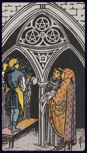 Três de Ouros, do Tarot Rider-Waite-Smith